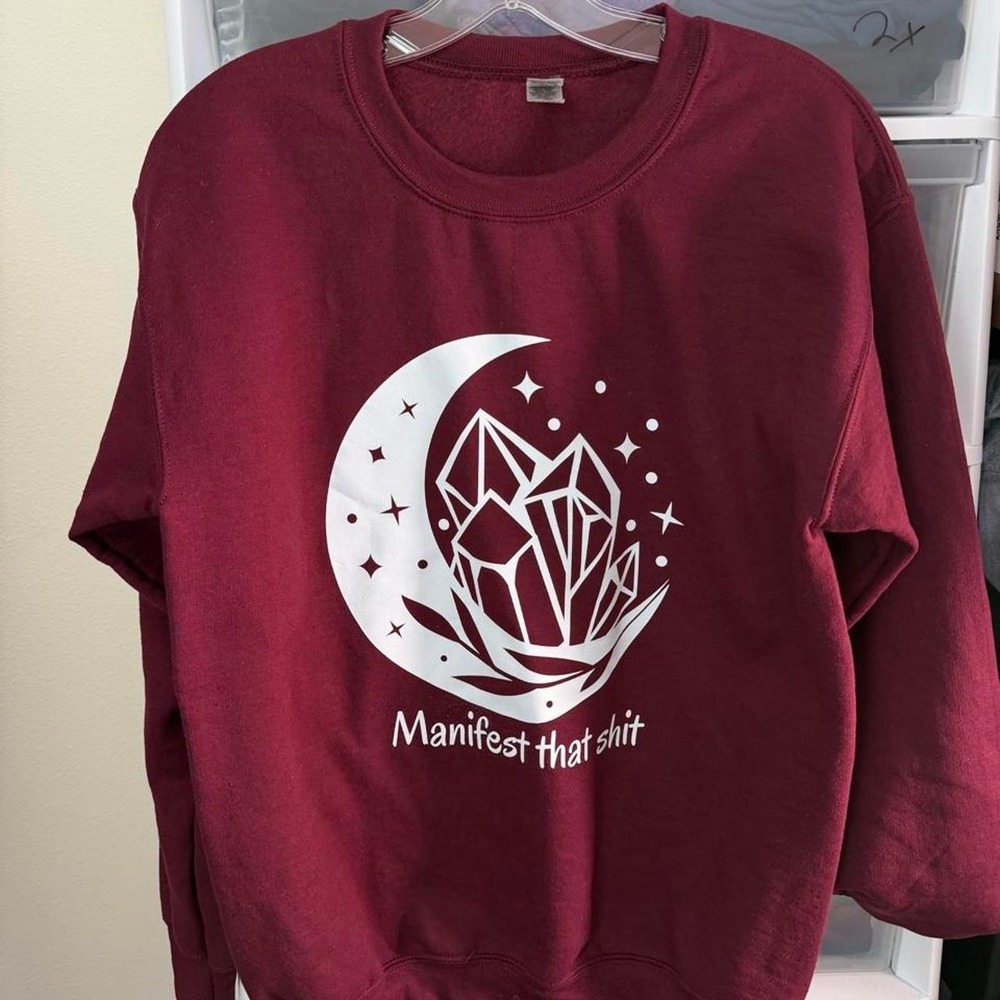 Gildan Manifest That Shit Sweatshirt Burgundy Moon Crystal Witchy Goth Small